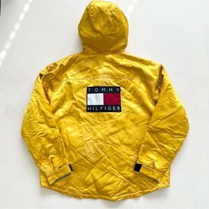 Vtg Tommy Hilfiger Big Flag Logo Gold Hooded Parka Jacket Metallic Mens Size L
